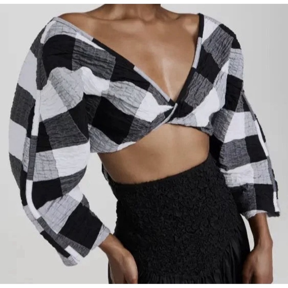 $225 Mara Hoffman Women's Black Gingham Check Justine Cropped Top Size XS